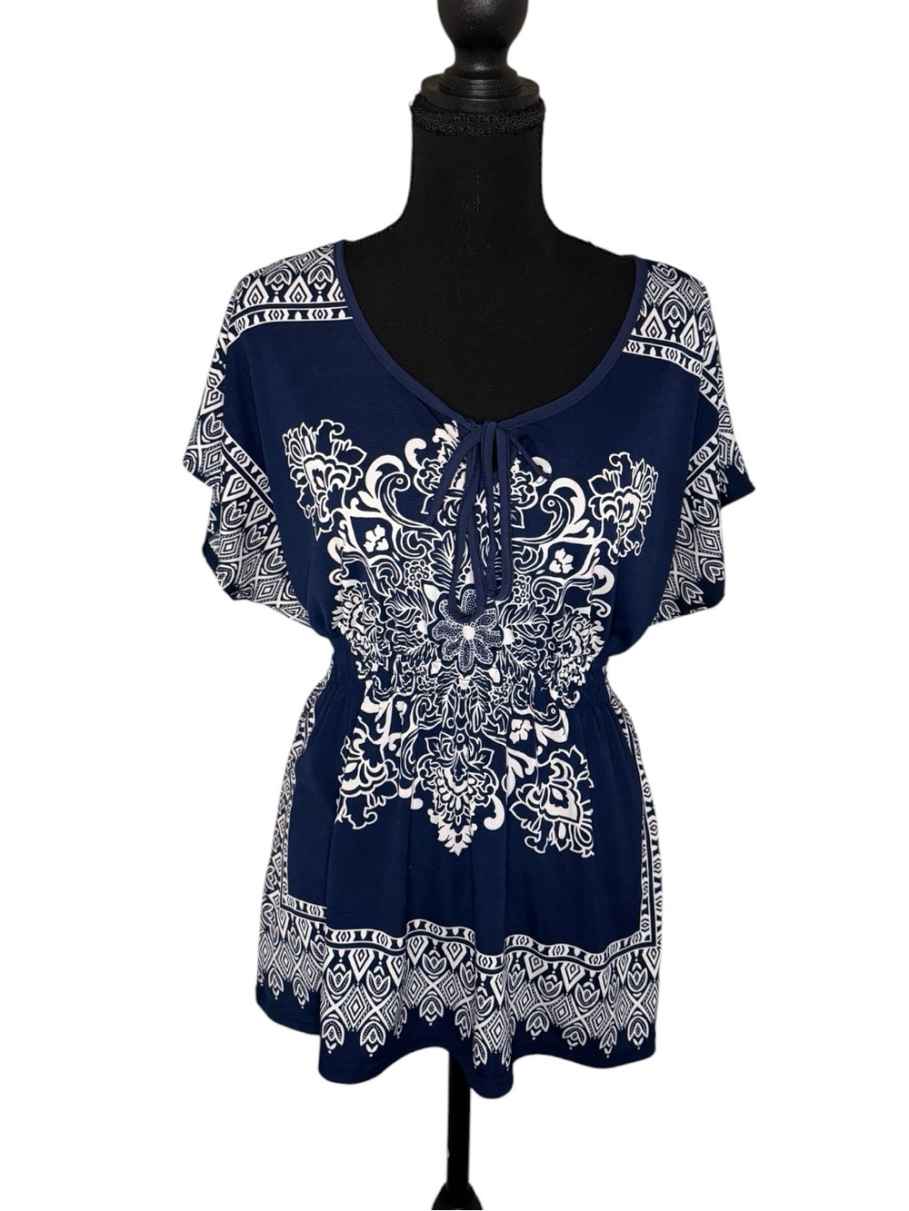 Claudia Richard Navy Blue & White Floral Tie-Front Tunic